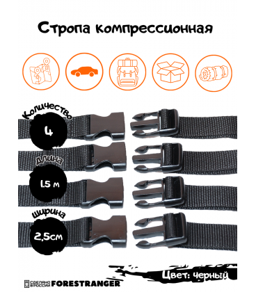 Стропа компрессионная, крепежная с фастексом 25мм Черная (4шт, 1.5 метра)
